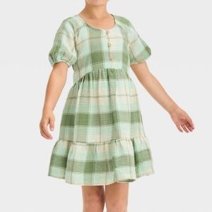Cat & Jack Girls' Short Sleeve Plaid Woven Gauze Dress - Green XS